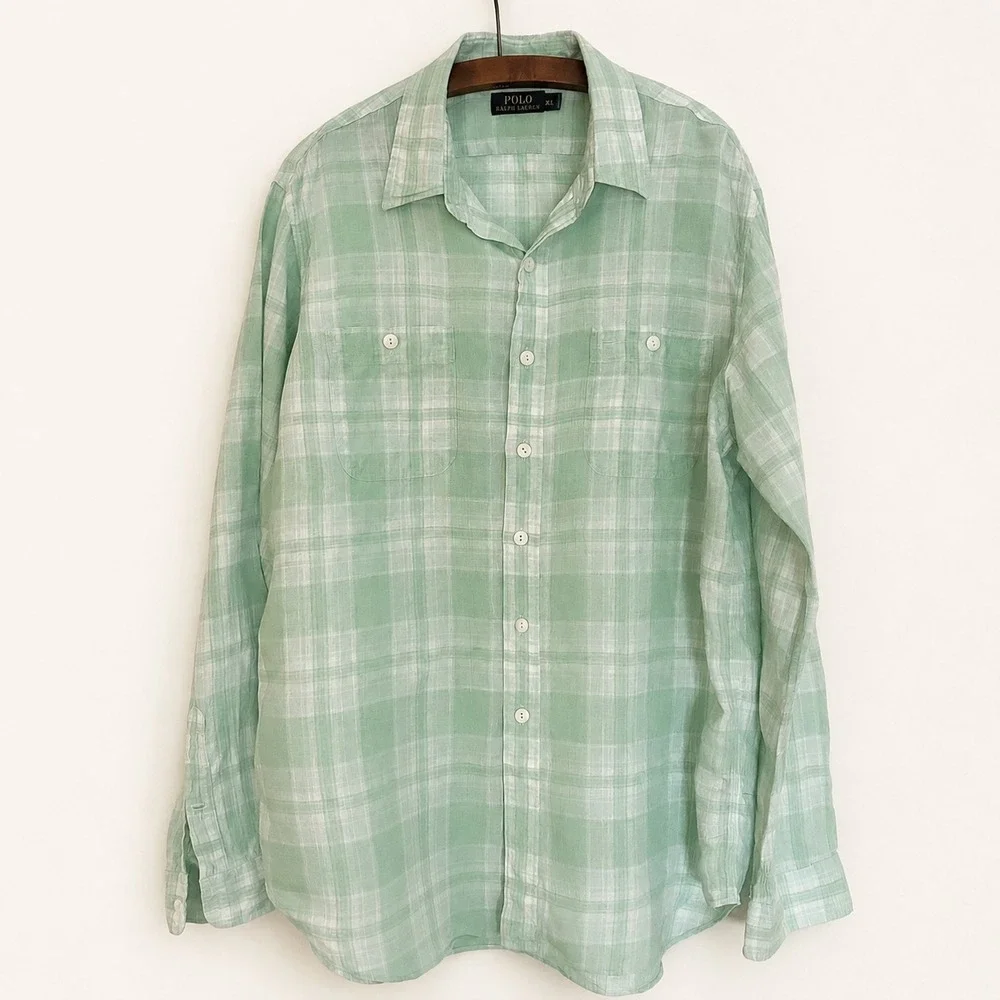 Polo Ralph Lauren Shirt Mens XL Linen Green Plaid Preppy Beach Resort